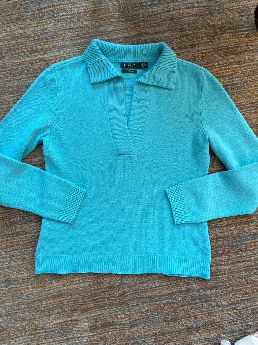 Lauren Ralph Lauren Cashmere Turquoise V-Neck Polo Collar Sweater Large